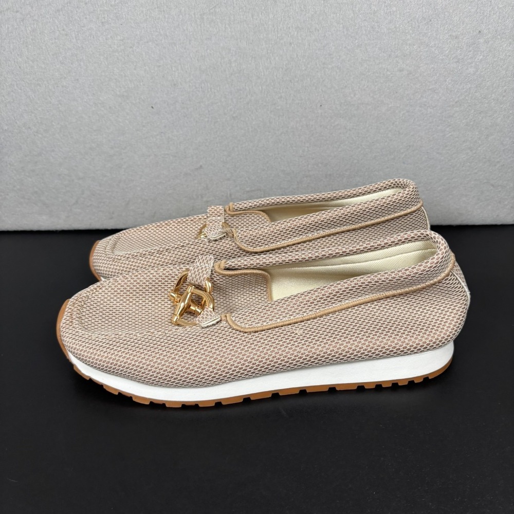 Beige Mesh Loafers Womens Platform Slip On Flat Shoes Gold Bit Accents 41/10